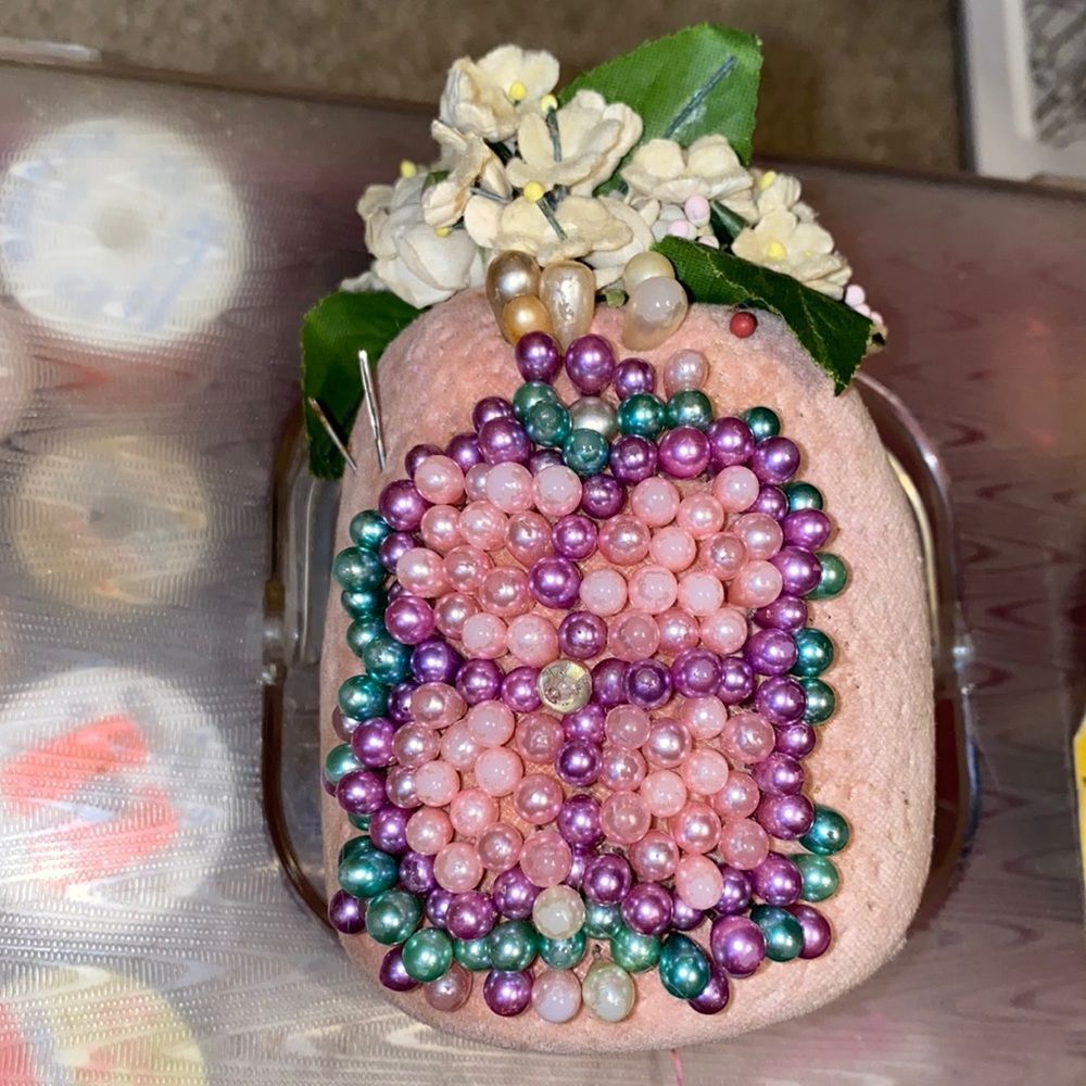 Pink Vintage pincushion with vintage pins